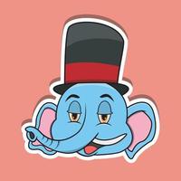 adesivo de rosto de animal com elefante usando chapéu de circo. Design de personagem. vetor