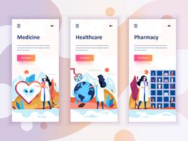 Conjunto de kit de interface de usuário de telas onboarding para medicina, cuidados de saúde, farmácia, conceito de modelos de aplicativo móvel. Modern UX, tela de interface do usuário para site móvel ou responsivo. Ilustração vetorial vetor