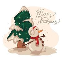 boneco de neve e árvore de natal vetor