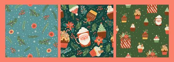 conjunto de padrões sem emenda de Natal e feliz ano novo com doces de Natal e ramos de abeto vetor