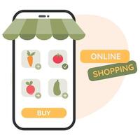 conectados serviço em telefone tela para comprando legumes. telefone aplicativo. conectados compras conceito. vetor ilustração dentro plano estilo