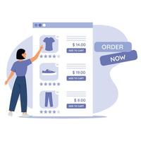 mulher conectados compras. local na rede Internet janela com roupas e preços. Comprar conectados conceito. moderno vetor ilustração