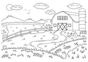 maravilhosa paisagem natural na fazenda. página do livro para colorir para crianças. estilo de desenho animado. ilustração vetorial isolada no fundo branco. vetor