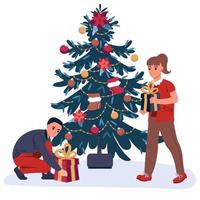 crianças abrem caixas de presentes sob a árvore de natal para o ano novo. ilustração vetorial plana isolada vetor
