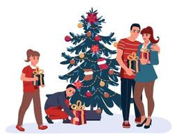 uma jovem família para as caixas abertas da árvore de Natal com presentes. ilustração vetorial plana festiva isolada vetor