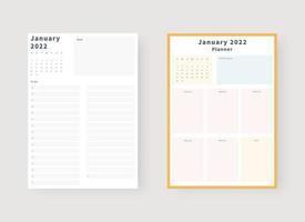 janeiro de 2022 conjunto de modelos de planejador. conjunto de planejador e lista de tarefas. modelo de planejador mensal, semanal e diário. ilustração vetorial. vetor