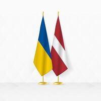 Ucrânia e Letônia bandeiras em bandeira ficar em pé, ilustração para diplomacia e de outros encontro entre Ucrânia e Letônia. vetor