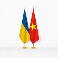 Ucrânia e Vietnã bandeiras em bandeira ficar em pé, ilustração para diplomacia e de outros encontro entre Ucrânia e Vietnã. vetor
