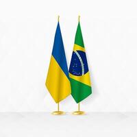 Ucrânia e Brasil bandeiras em bandeira ficar em pé, ilustração para diplomacia e de outros encontro entre Ucrânia e brasil. vetor