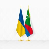 Ucrânia e Comores bandeiras em bandeira ficar em pé, ilustração para diplomacia e de outros encontro entre Ucrânia e Comores. vetor