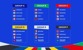 bandeiras do europeu futebol torneio 2024 classificado de grupo em azul fundo. vetor