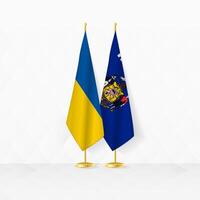 Ucrânia e Wisconsin bandeiras em bandeira ficar em pé, ilustração para diplomacia e de outros encontro entre Ucrânia e wisconsin. vetor