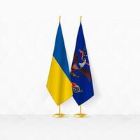 Ucrânia e norte Dakota bandeiras em bandeira ficar em pé, ilustração para diplomacia e de outros encontro entre Ucrânia e norte dakota. vetor