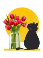 uma Preto fofa gato senta com vermelho tulipas. vetor