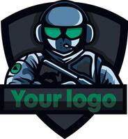 cyber Esportes logotipo com uma personagem dentro a estilo do militares vetor