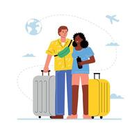 uma abraçando multiétnico casal às a aeroporto, uma homem e uma mulher com malas esperando para partida. vetor