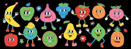 groovy frutas definir. fruta retro desenho animado personagens em uma Sombrio background.hand desenhar engraçado retro vintage na moda estilo frutas desenho animado personagem.groovy verão vetor ilustração. frutas suculento adesivo pacote.