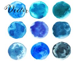 Conjunto de mancha de aquarela. Pontos em um fundo branco. Textura de aquarela com pinceladas. Azul, turquesa, verde, esmeralda. Mar, céu. Círculo. Isolado. Vetor. vetor