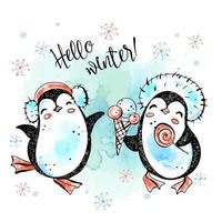 Olá inverno. Feliz Natal pinguins em chapéus de sorvete. cartão de ano novo. gráficos em aquarela. vetor