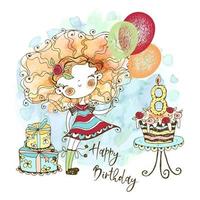 8º aniversário. cartão de aniversário com uma linda garota ruiva com balões e presentes, na técnica de aquarela e estilo doodle. vetor. vetor