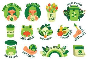 conjunto do ecologia adesivos com motivacional frases. verde vetor ícones, eco definir. Salve  a planeta, Salve  água, verde energia, amor nosso planeta