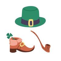 plano rabisco mão desenhado Leprechauns Unid. colori esboçado verde Leprechauns chapéu, sapato, fumar tubo e shamrock. irlandês celebração conceito. ideal para decoração, adesivos, padronizar vetor