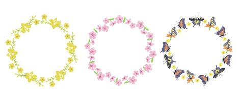 conjunto do Primavera floral plano guirlanda com borboletas. Primavera natureza conceito. esboçado mão desenhado elementos em branco fundo. ideal para Como modelo para saudações, bandeira e fundo vetor