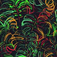 desatado fantasia padronizar com tropical folhagem, monstera folhas. virtual surreal natureza. pintura escova golpes do néon brilhante cores. grunge ilustração para impressões, têxtil Projeto. esporte estilo vetor