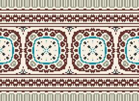 flor bordado em Castanho fundo. ikat e Cruz ponto geométrico desatado padronizar étnico oriental tradicional. asteca estilo ilustração Projeto para tapete, papel de parede, roupas, invólucro, batik. vetor