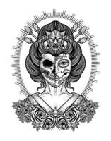 ilustração vetor gueixa açúcar crânio senhora com rosa flores, tatuagem Projeto.