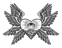 ilustração do coração asas anjo com illuminati olhos. vetor