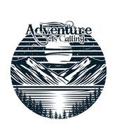 aventura é chamando montanha lago silhueta t camisa Projeto vetor