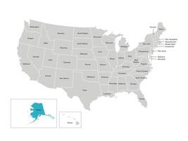 vetor isolado ilustração do simplificado administrativo mapa do a EUA. fronteiras do a estados com nomes. azul silhueta do Alasca, estado.