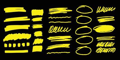 marcador marcadores sublinhado redondo, pontuação marcas, Carraça marcas e esboço. marcadores, mão desenhado sublinhado. néon amarelo. vetor