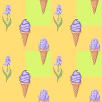 lavanda gelo creme. três colheres do cremoso doce sobremesa dentro uma waffle cone. roxa sorvete. desatado padronizar. vetor ilustração.