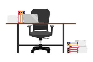mesa vazia moderna para freelancer de escritório em casa com gaveta de mesa de cadeira e com computador pc e com algumas pastas de arquivo de pilha de papel isoladas vetor