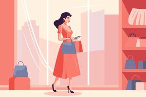 vibrante plano ilustração do cheio corpo do jovem lindo mulher comprando bolsas dentro brilhante loja decorado dentro Rosa cores vetor