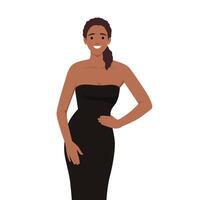 moda ilustração do uma lindo jovem mulher dentro uma Preto festa vestir. moda modelo dentro uma verão roupa. vetor