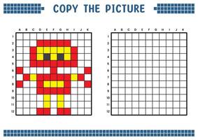 cópia de a foto, completo a rede imagem. educacional fichas de trabalho desenhando com quadrados, coloração célula áreas. crianças pré escola Atividades. desenho animado vetor, pixel arte. ferro robô ilustração. vetor