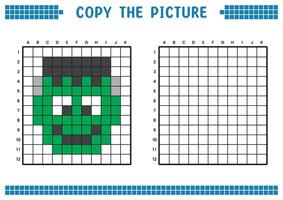 cópia de a foto, completo a rede imagem. educacional fichas de trabalho desenhando com quadrados, coloração célula áreas. crianças pré escola Atividades. desenho animado vetor, pixel arte. zumbi ilustração. vetor