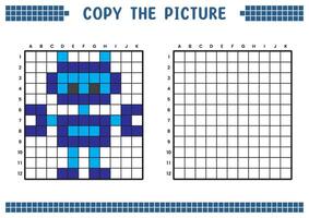 cópia de a foto, completo a rede imagem. educacional fichas de trabalho desenhando com quadrados, coloração célula áreas. crianças pré escola Atividades. desenho animado vetor, pixel arte. industrial robô ilustração. vetor