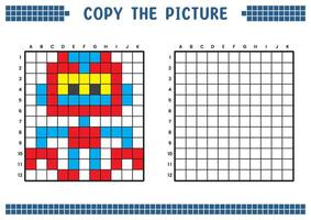 cópia de a foto, completo a rede imagem. educacional fichas de trabalho desenhando com quadrados, coloração célula áreas. crianças pré escola Atividades. desenho animado vetor, pixel arte. mecânico robô ilustração. vetor