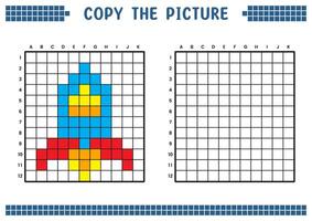 cópia de a foto, completo a rede imagem. educacional fichas de trabalho desenhando com quadrados, coloração célula áreas. crianças pré escola Atividades. desenho animado vetor, pixel arte. espaço foguete ilustração. vetor