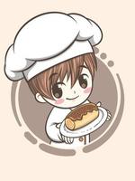 menino chef de padaria fofo segurando um bolo e pão - personagem de desenho animado e ilustração do logotipo vetor