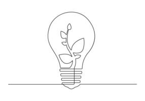 contínuo 1 linha desenhando do luz lâmpada com plantar conceito verde energia vetor ilustração