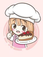 garota fofa do chef de padaria segurando um bolo e um pão - personagem de desenho animado e ilustração do logotipo vetor