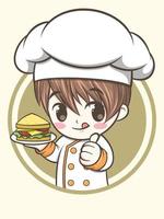 menino chef bonito segurando um sanduíche. conceito de ilustração de logotipo de fast food vetor