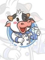 personagem de desenho animado bonito chef vaca segurando leite embalado - mascote e ilustração vetor