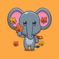 fofa elefante segurando outono folha desenho animado vetor ilustração