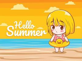 uma linda garota diz Olá verão. ilustração do conceito de saudação de verão. vetor